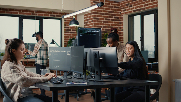 software engineer typing source code on computer keyboard while colleagues sit down at desk for grou